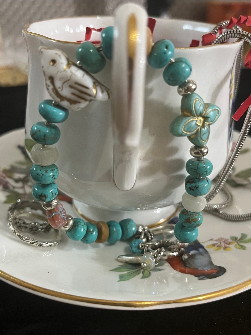 Cottagecore Artisan Bird’s Nest Pearl Necklace Teacup Turquoise Ring Set - Picture 4 of 10
